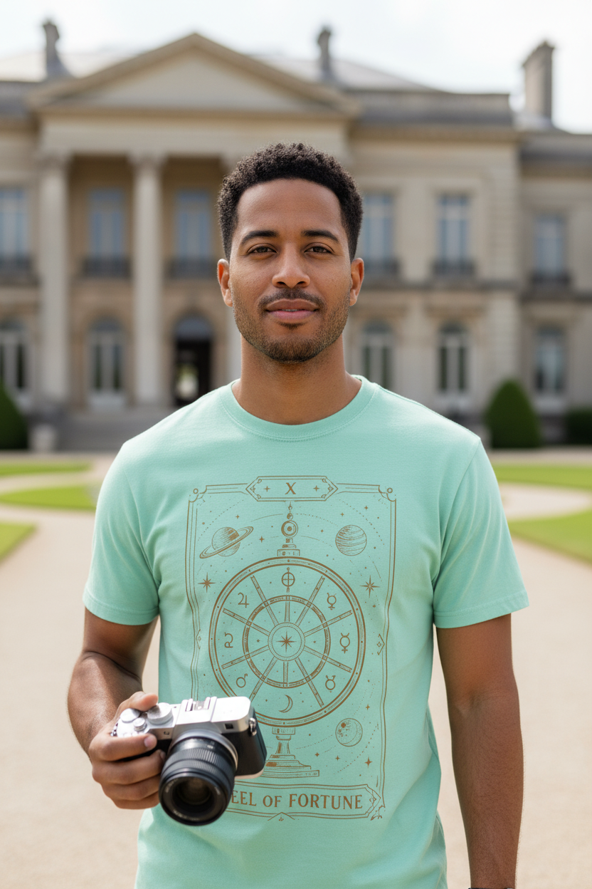 A mint green Comfort Colors t-shirt featuring Wheel of Fortune from the Future Arcana collection, inspired by the Wheel of Fortune tarot card. A celestial cosmic wheel surrounded by stars and planets is illustrated in elegant retro sci-fi gold line art within an Art Deco tarot frame on a transparent background