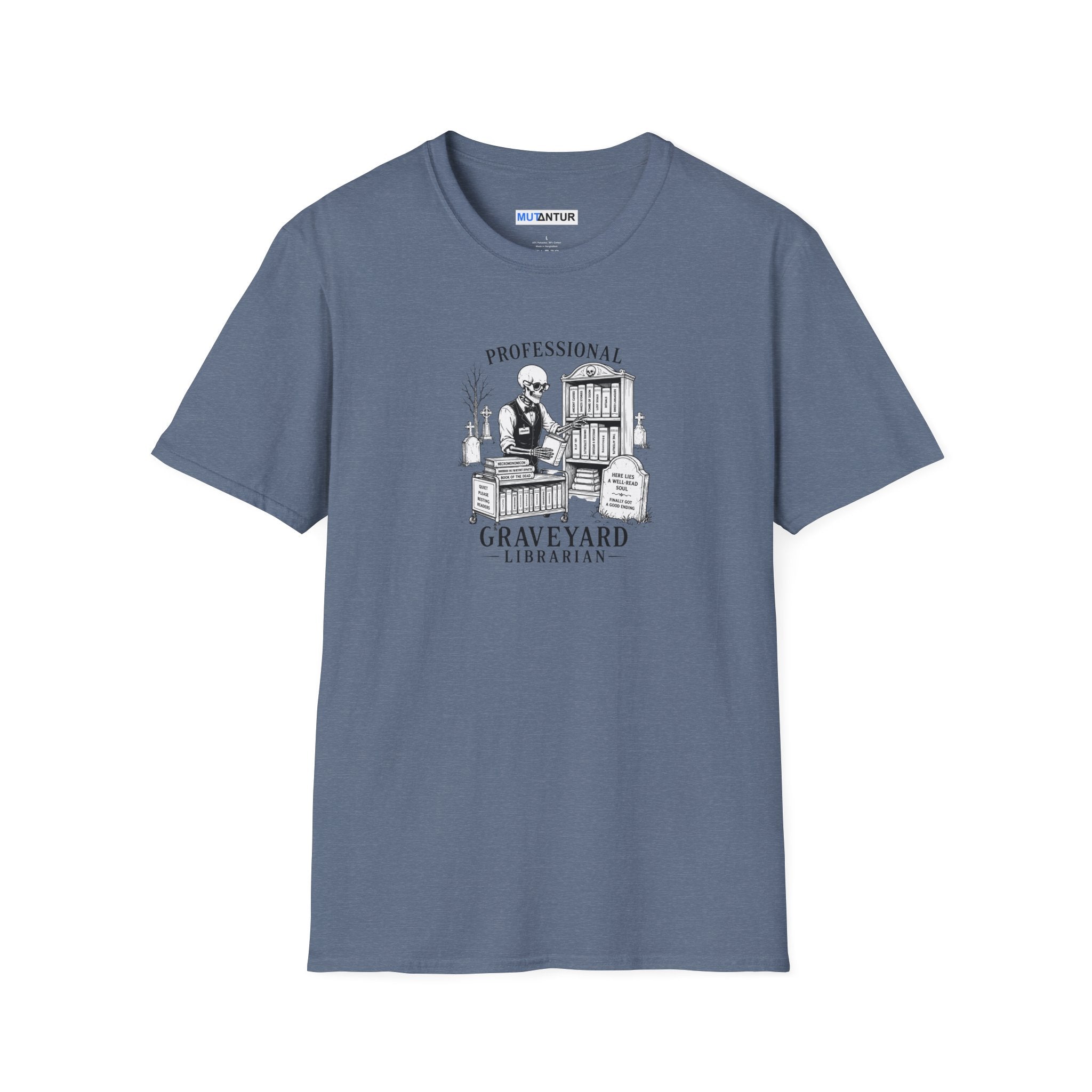 Dark blue A sage green short-sleeve crewneck t-shirt with a black and white graphic print on the chest depicting a librarian in a graveyard with tombstones and the text 'Professional GRAVEYARD LIBRARIAN'.