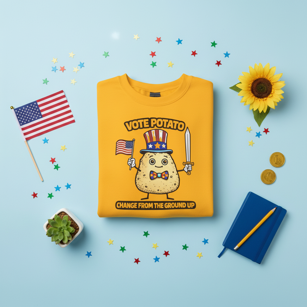 Vote Potato cartoon politician crewneck sweatshirt, back view