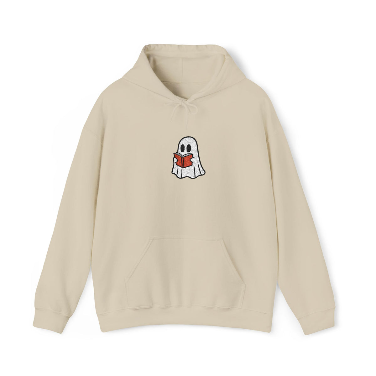 A beige hoodie with a cartoon ghost holding a red book against a white background