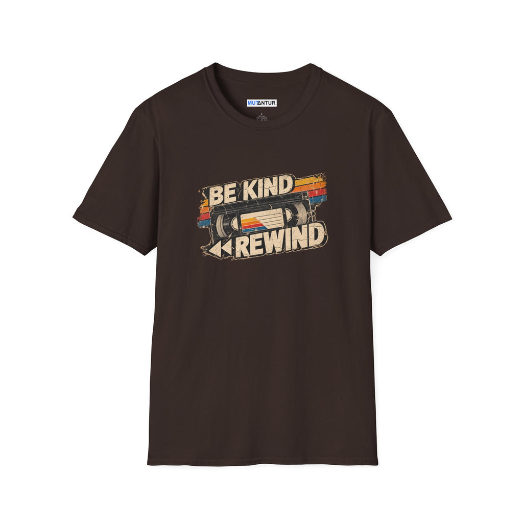 A dark brown short-sleeve t-shirt with a retro-style graphic on the chest featuring a VHS tape and the text 'BE KIND REWIND'. The shirt is displayed flat against a solid white background.