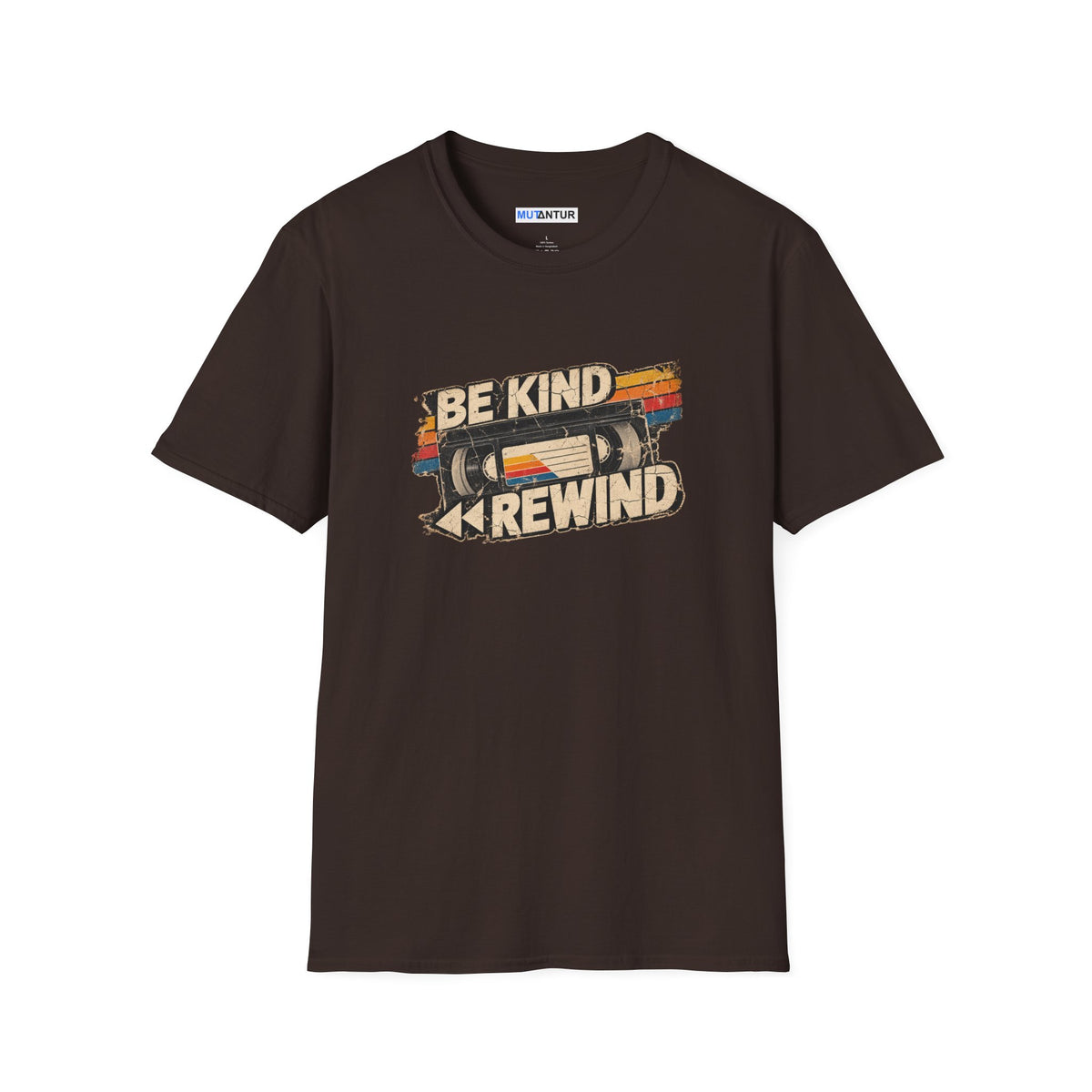 A dark brown short-sleeve t-shirt with a retro-style graphic on the chest featuring a VHS tape and the text 'BE KIND REWIND'. The shirt is displayed flat against a solid white background.