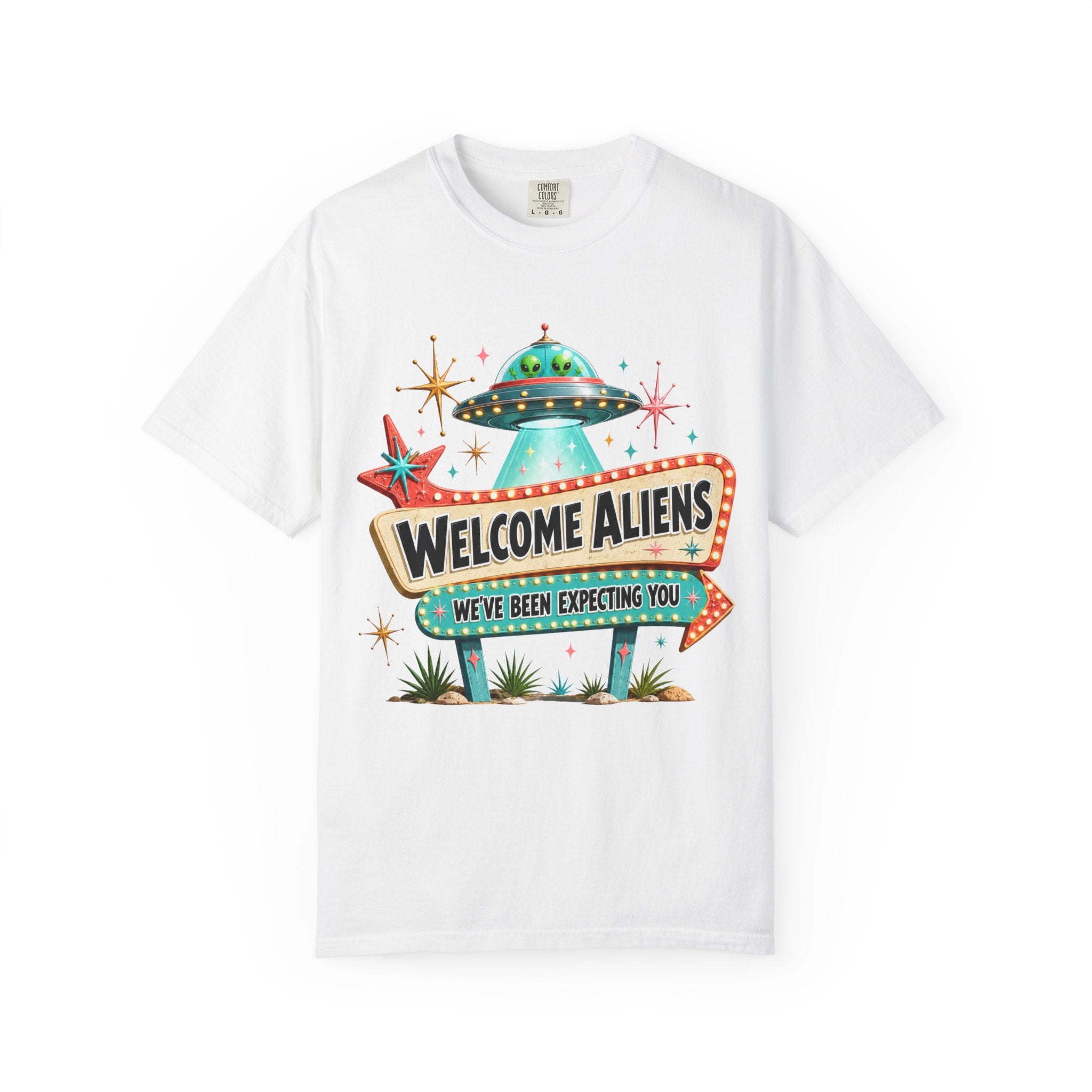 Welcome Aliens retro UFO Las Vegas sign Comfort Colors graphic tee, back view