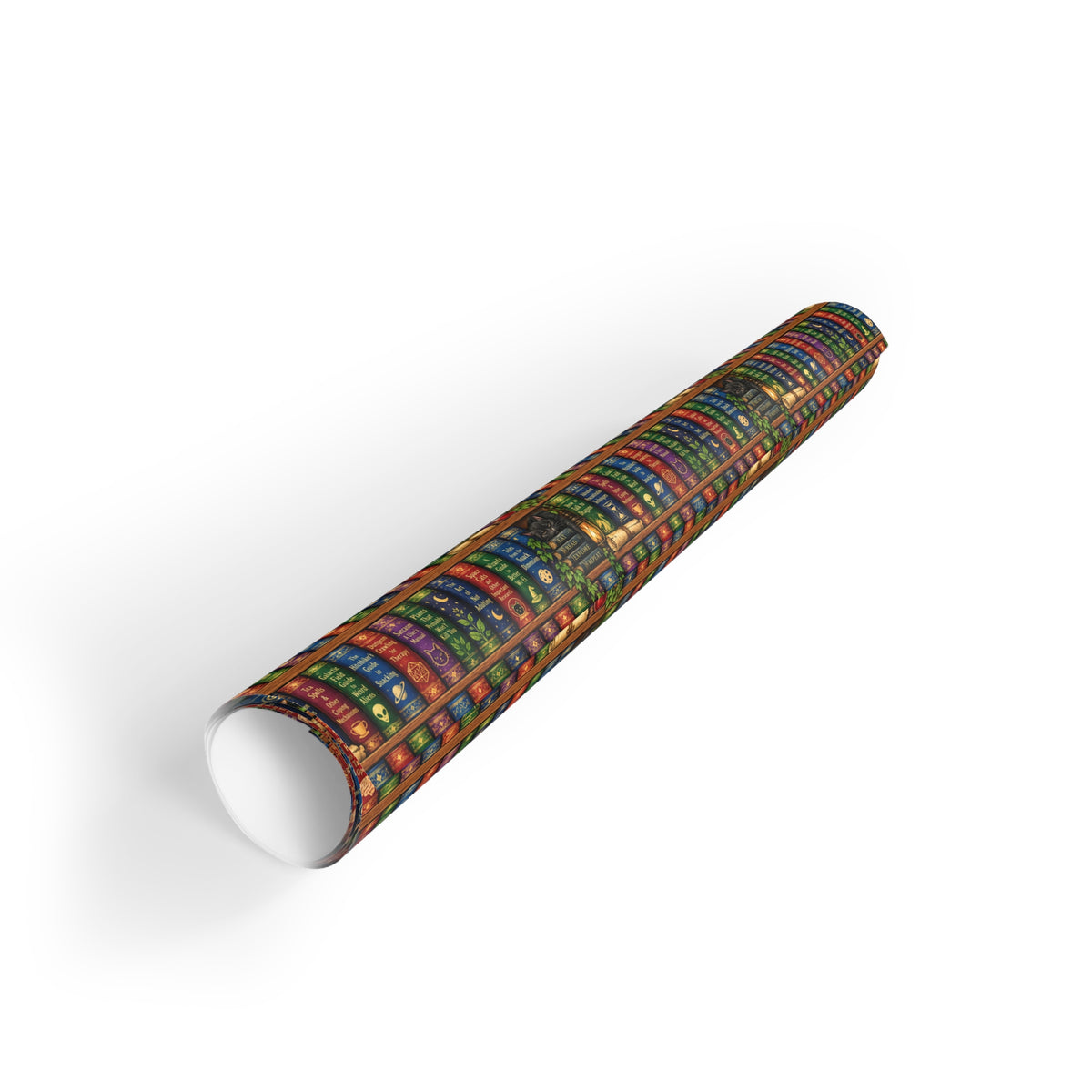 A roll of wrapping paper featuring a repeating pattern of multi colored fantasy and sci fi books with white graphic details, shown on a clean white background.