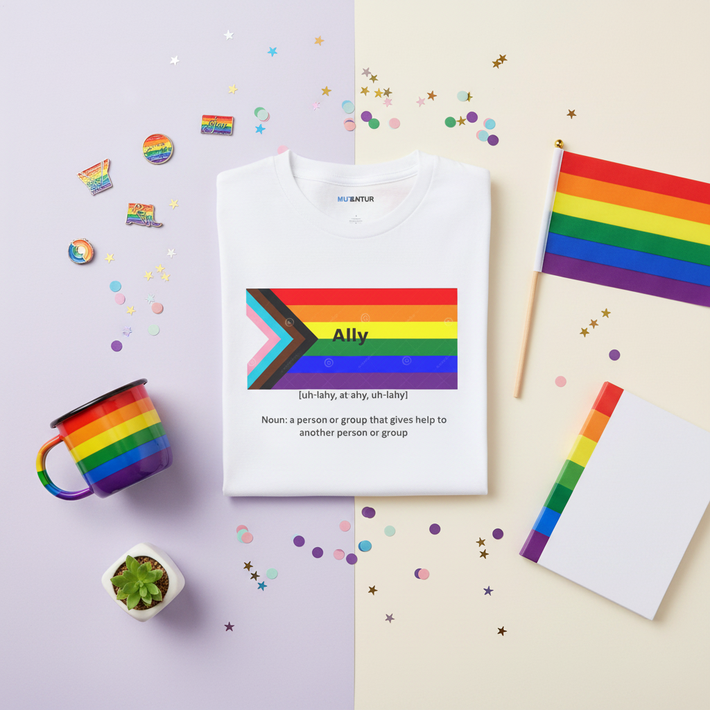 Pride Ally colorful LGBTQ+ graphic tee, close-up of design