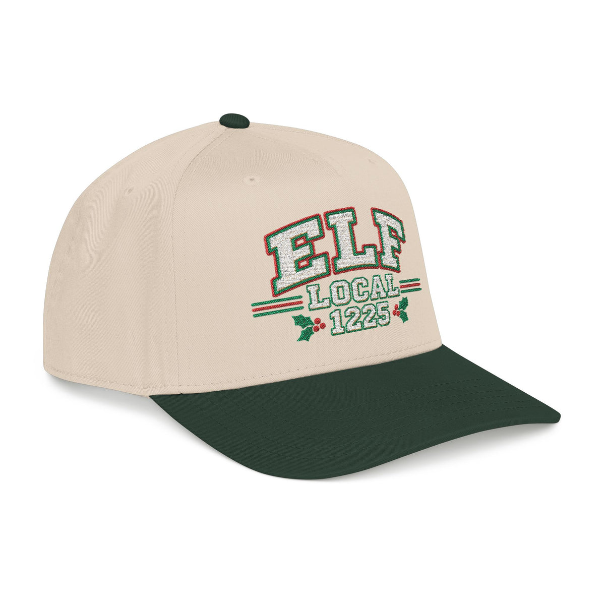 A side view of a structured baseball cap with a cream-colored crown and a dark forest green visor. The front of the crown features a custom embroidered design reading 'ELF LOCAL 1225' in green and white with red outlines, flanked by small holly leaves.