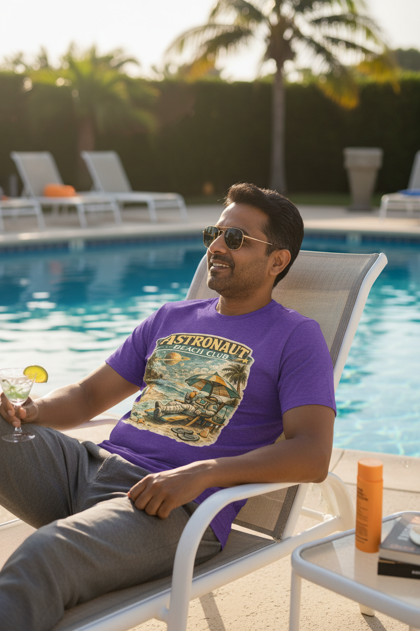 Astronaut Beach Club T-Shirt – Retro Space Beach Graphic Tee - Mutantur Labs LLC