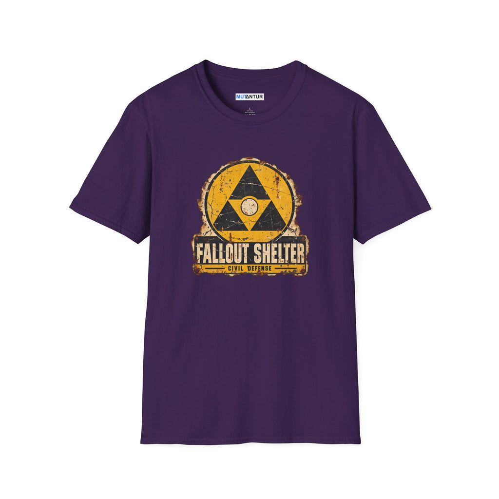 A purple crew neck shirt with a vintage graphic depicting a  yellow and black  Fallout Shelter sign design with the words Civil Defense at the bottom against a white background