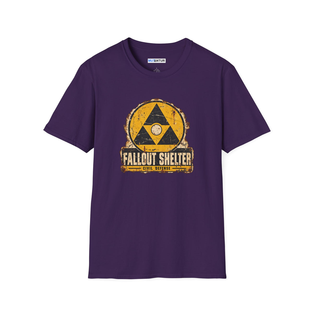 A purple crew neck shirt with a vintage graphic depicting a  yellow and black  Fallout Shelter sign design with the words Civil Defense at the bottom against a white background