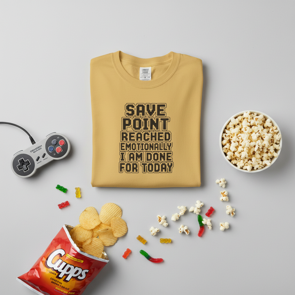 A mustard short-sleeve crewneck t-shirt with a black text graphic on the chest that reads 'SAVE POINT REACHED EMOTIONALLY I AM DONE FOR TODAY'.