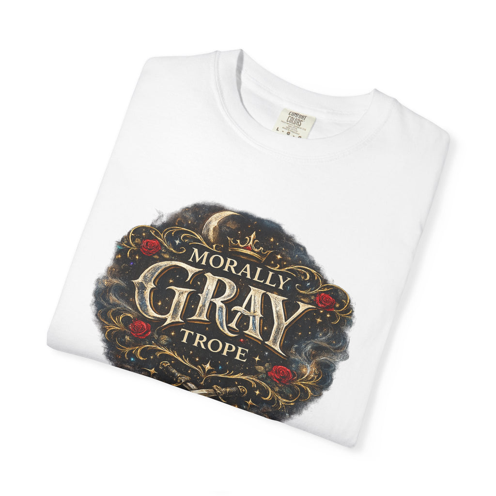 Morally Gray Trope Comfort Colors gothic fantasy graphic tee, detail shot