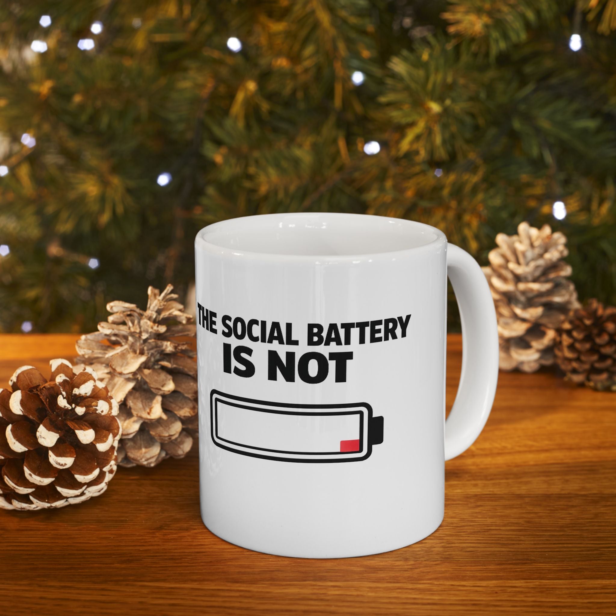 Social Battery Is Now funny ceramic coffee mug, detail view