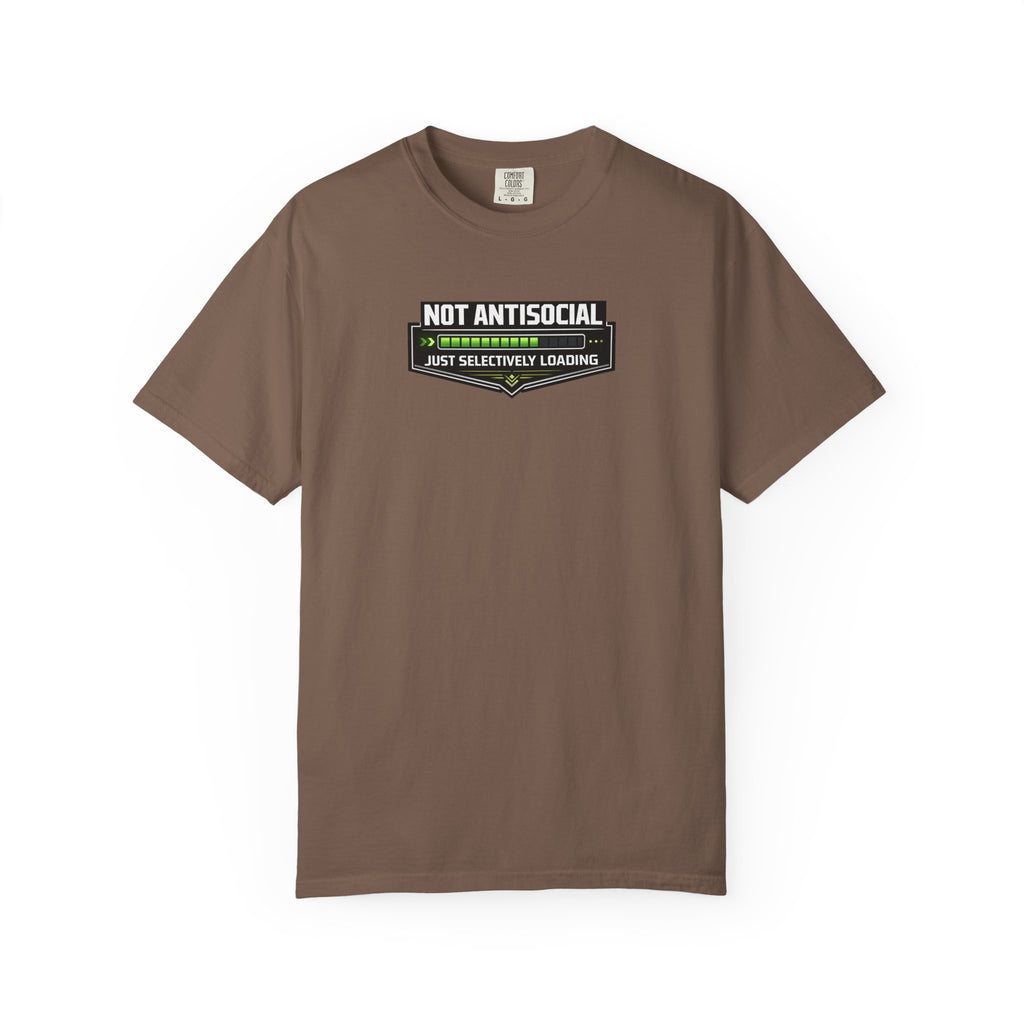 An espresso colored short-sleeve crewneck t-shirt in khaki beige, featuring a graphic on the chest that reads 'NOT ANTISOCIAL' above a progress bar with green checkmarks and the text 'JUST SELECTIVELY LEARNING' below,