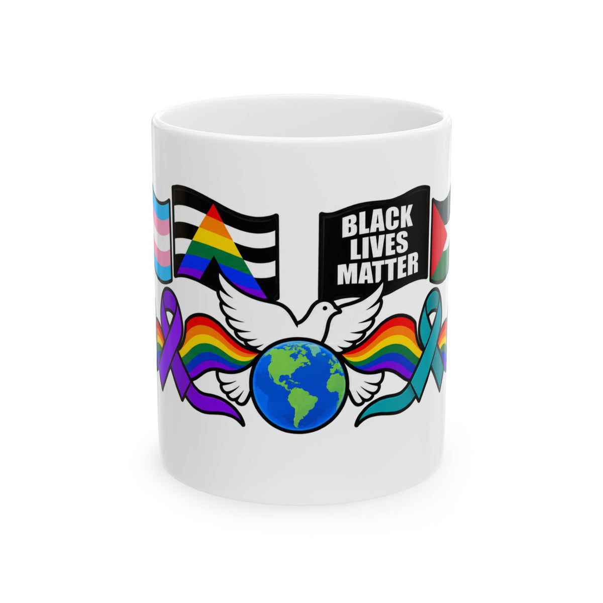A white ceramic mug featuring a colorful Black Lives Matter and LGBTQ+ pride graphic design with a dove, globe, flags, and ribbons on a white background.