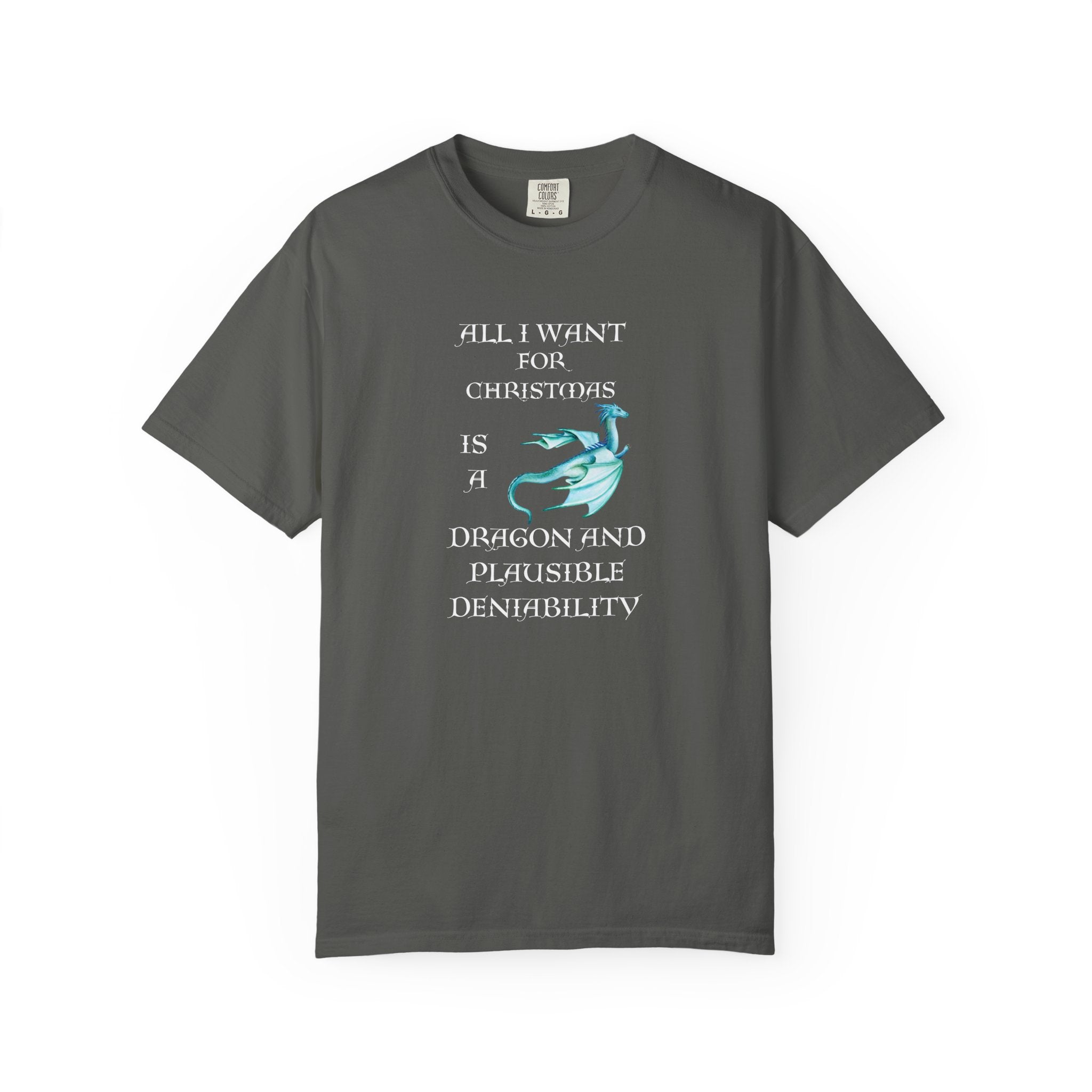 A dark gray crewneck t-shirt with a graphic print on the front. The print features white text reading 'ALL I WANT FOR CHRISTMAS IS A DRAGON AND PLAUSIBLE DENIALITY' alongside a light blue cartoon dragon illustration, displayed against a solid white background.