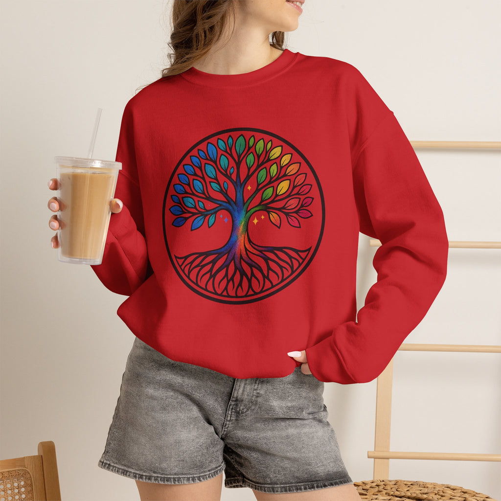 Rainbow Tree of Life graphic crewneck sweatshirt, front view