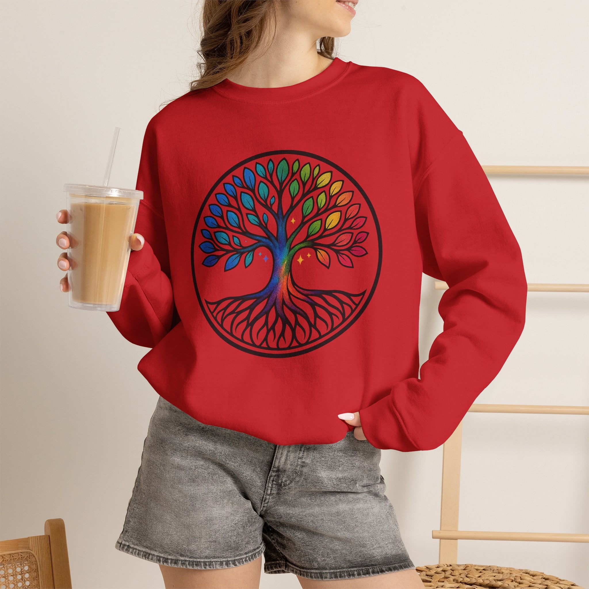 Rainbow Tree of Life graphic crewneck sweatshirt, front view