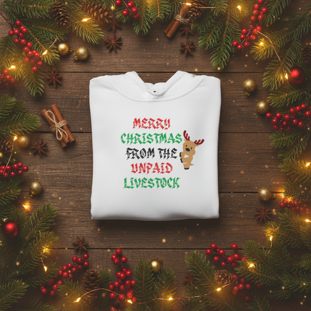 A folded white hoodie lies on a rustic wooden surface surrounded by Christmas greenery, red berries, pinecones, cinnamon sticks, and warm string lights. The hoodie has a printed holiday slogan in red and green text with a small reindeer graphic.