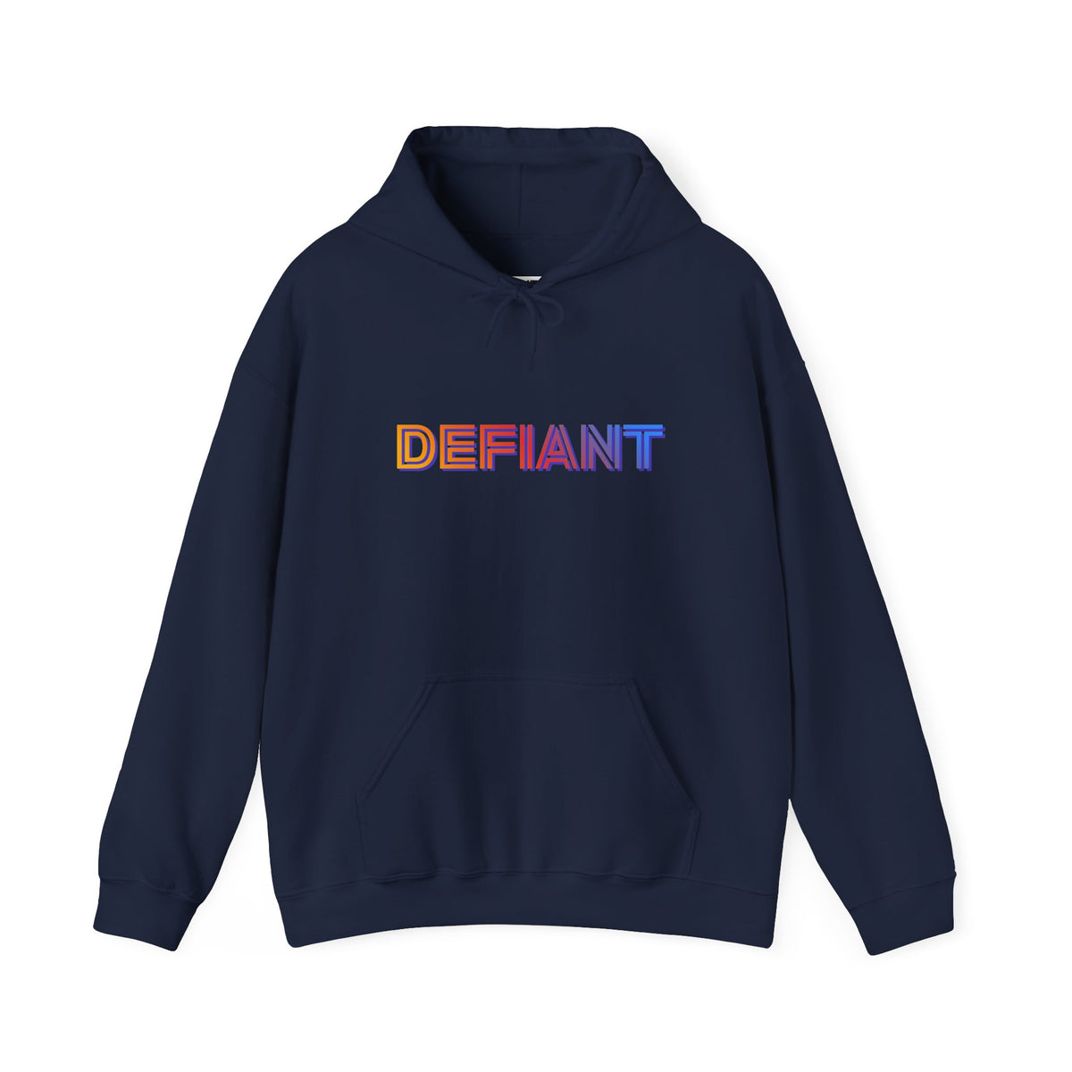 Defiant rainbow text logo graphic hoodie in navy, front view