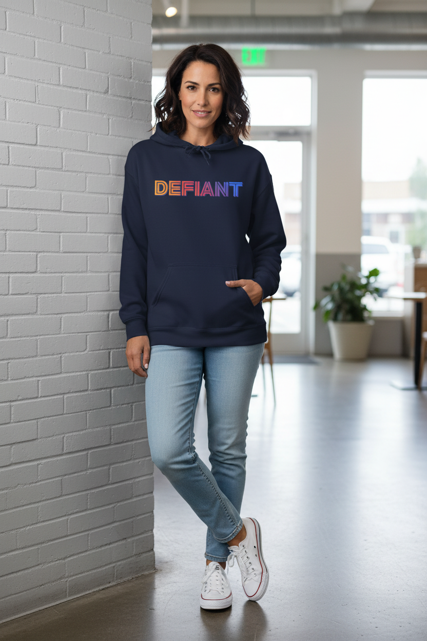 Defiant rainbow text logo graphic hoodie in navy, shown worn by a model in an indoor setting