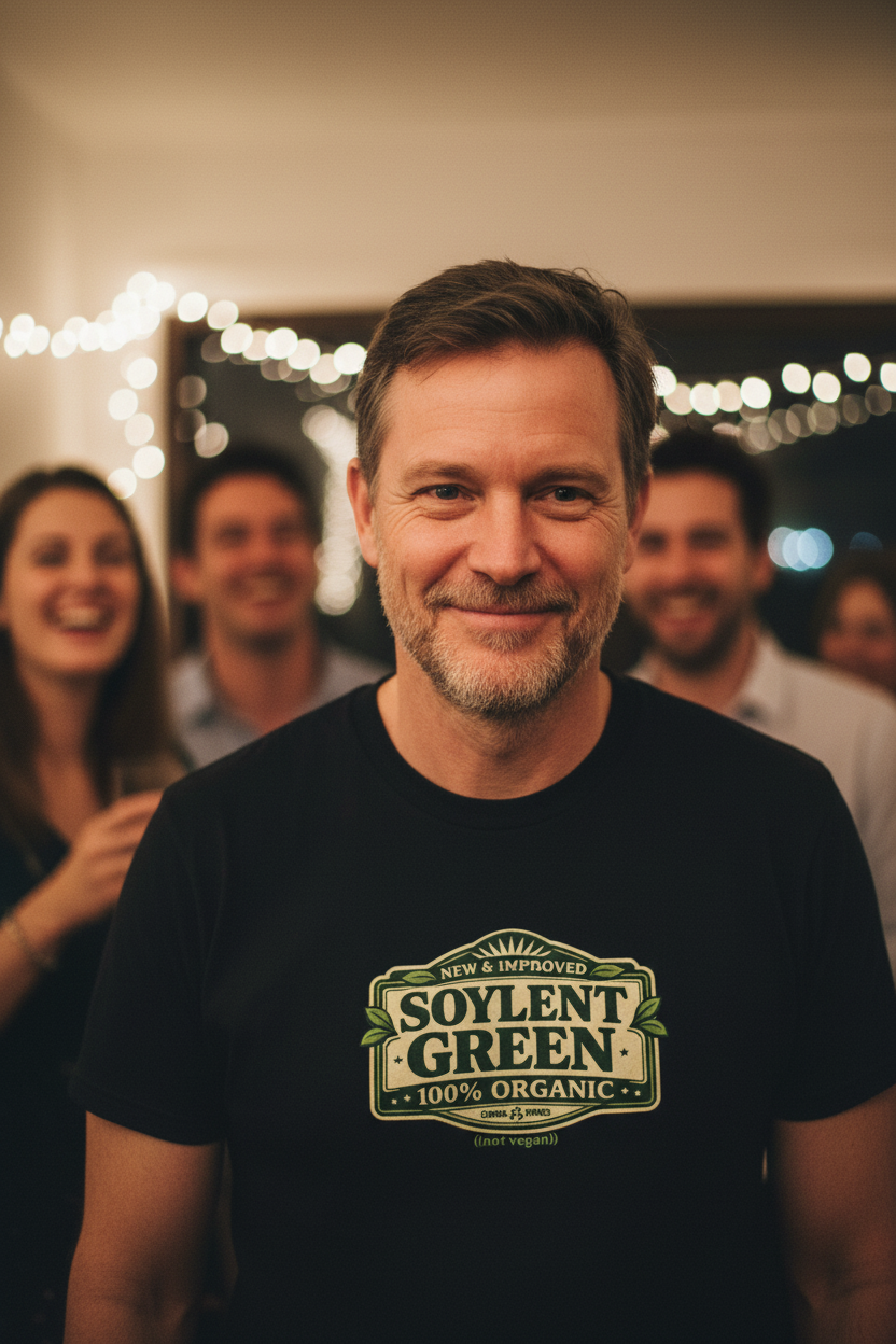 Soylent Green 100% Organic Mystery Ration T-Shirt — Funny Retro Dystopian Sci-Fi Parody Tee - Mutantur Labs LLC
