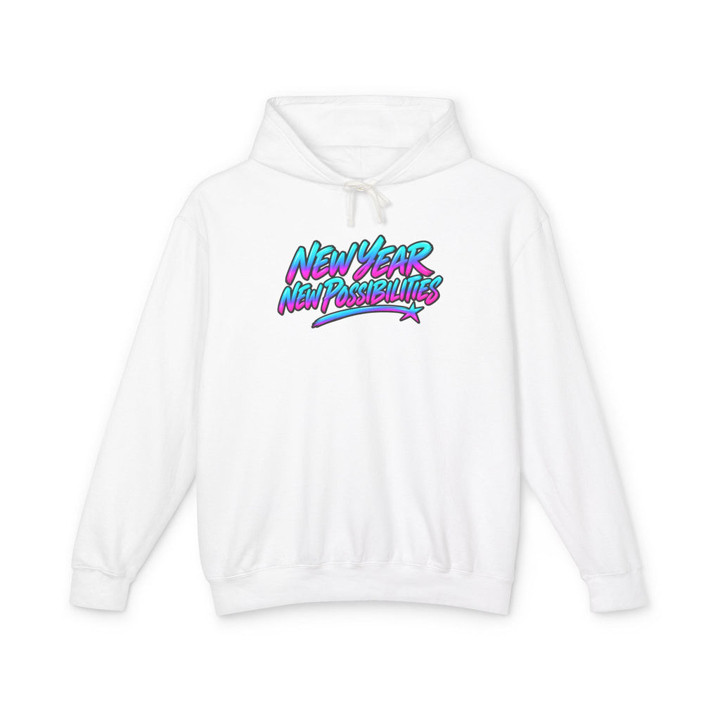 A white pullover hoodie with a colorful graphic on the chest reading 'New Year, New Possibilities' in a pink, purple, and blue gradient font, displayed on a clean white background.
