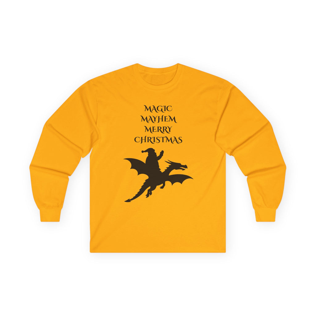 A long-sleeve yellow t-shirt with a black graphic of a knight on a dragon and the text 'MAGIC MAYHEM MERRY CHRISTMAS' on the front, displayed on a clean white background.