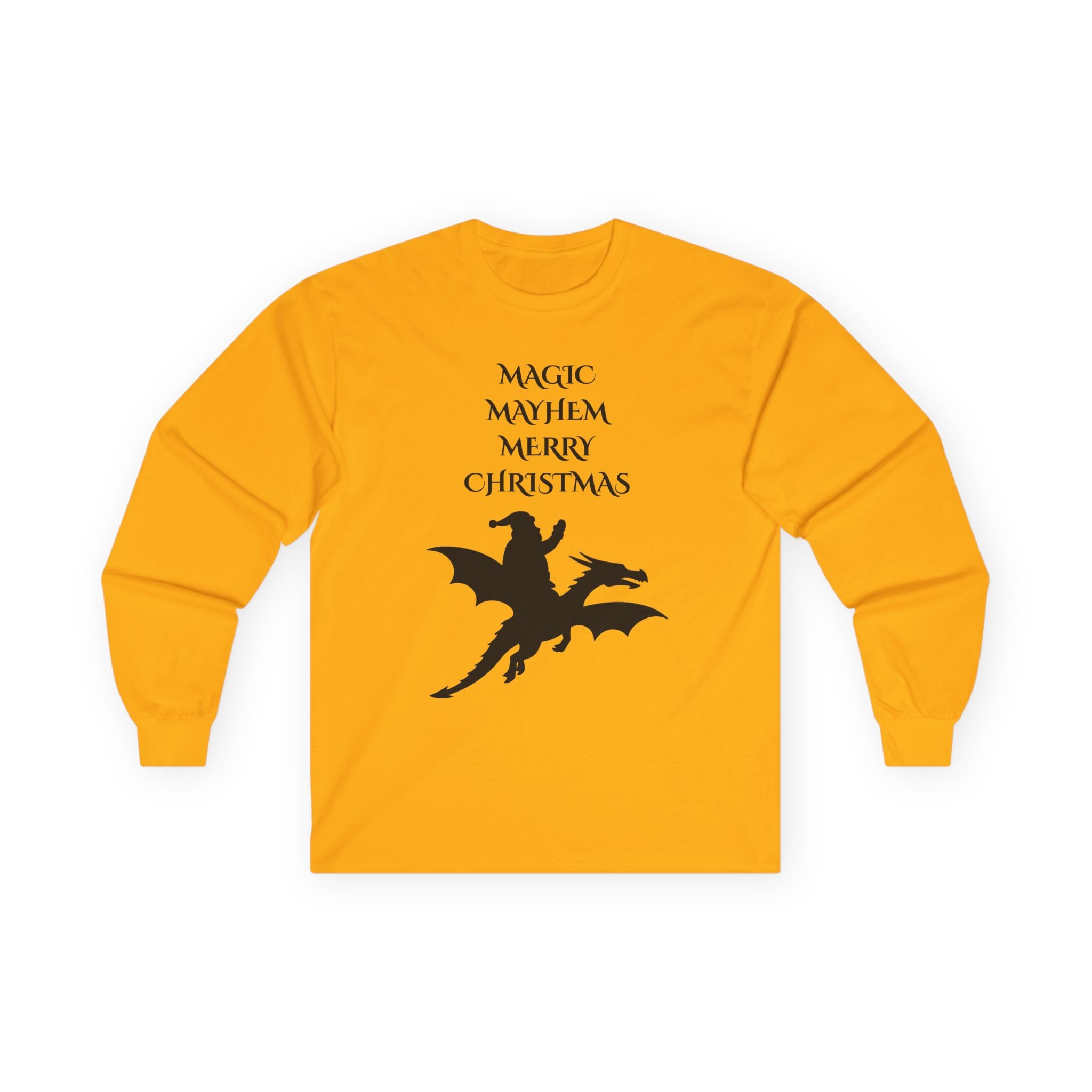 A long-sleeve yellow t-shirt with a black graphic of a knight on a dragon and the text 'MAGIC MAYHEM MERRY CHRISTMAS' on the front, displayed on a clean white background.