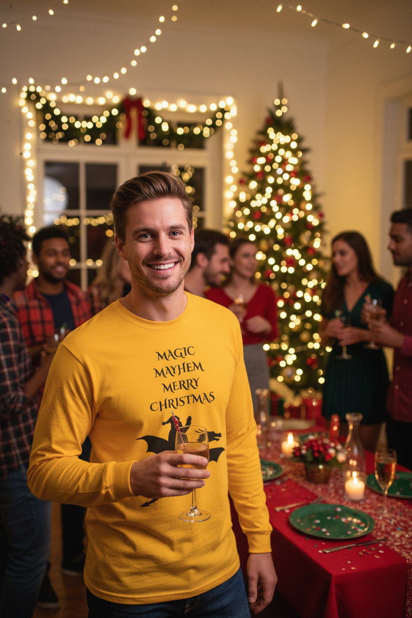 Magic Mayhem Merry Christmas Long Sleeve | Santa Dragon Silhouette Holiday Shirt