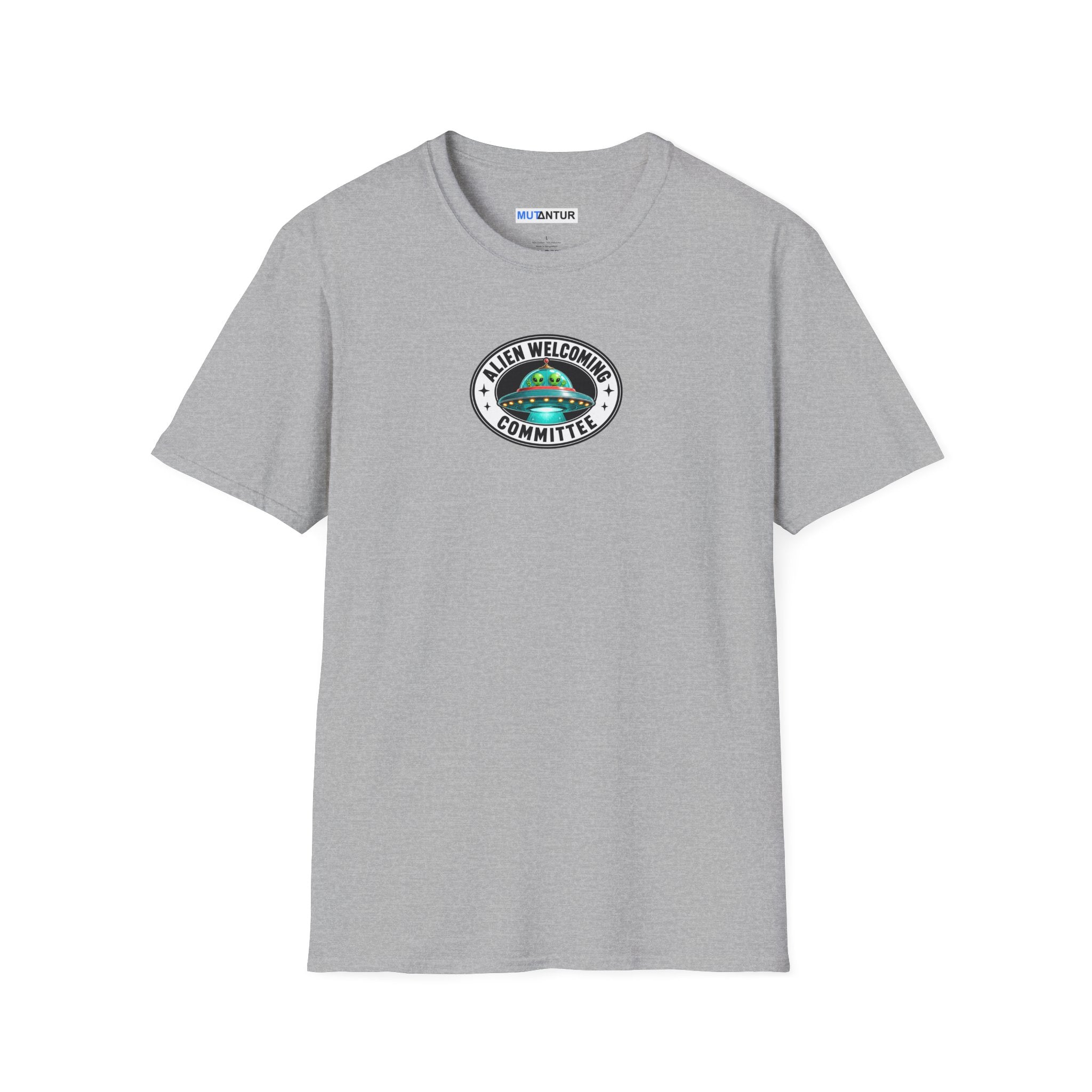sport gray shirt with Colorful Welcome Aliens T-shirt design with a retro Las Vegas roadside sign, friendly UFO, and We’ve Been Expecting You message