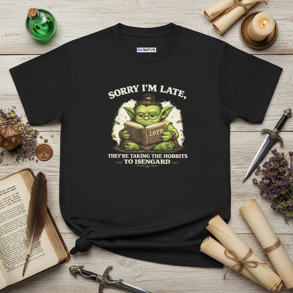 Sorry I'm Late, They're Taking the Hobbits to Isengard funny LOTR tee, alternate angle