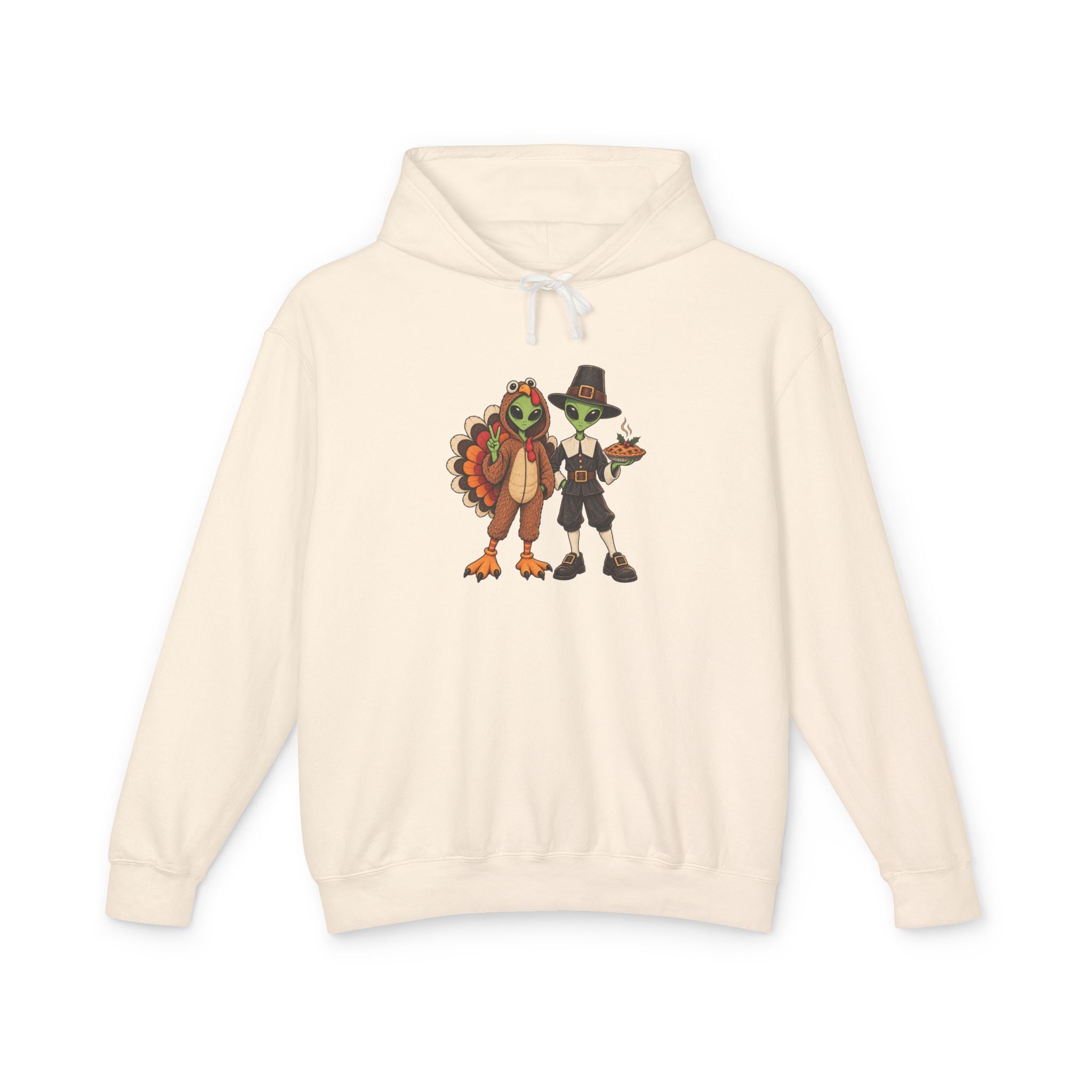 An off-white hooded sweatshirt with a central graphic of  cartoon aliens dressed as a  turkey and a pilgrim figure, displayed on a clean white background.