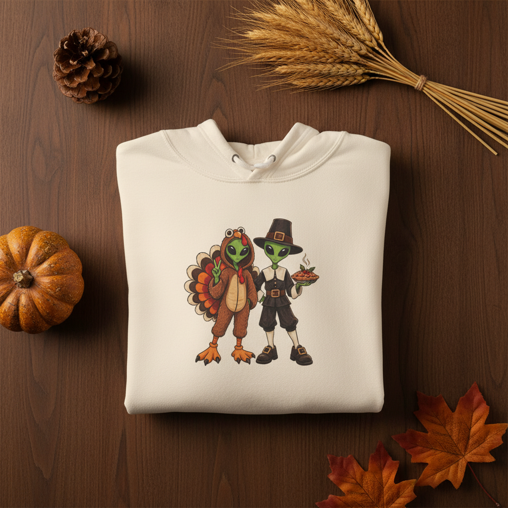 Alien Pilgrim & Turkey Thanksgiving Hoodie — Cute Comfort Colors Holiday Friends Pullover