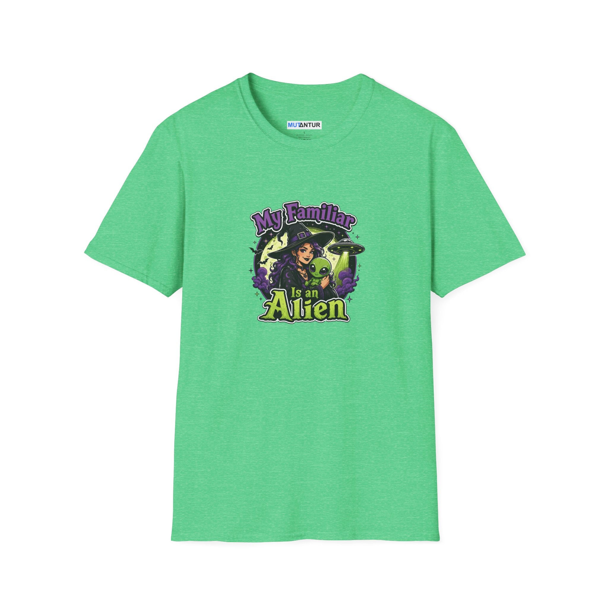 A heather green short-sleeve t-shirt with a colorful graphic on the chest that reads 'My Familiar is an Alien' in stylized purple and yellow lettering,
