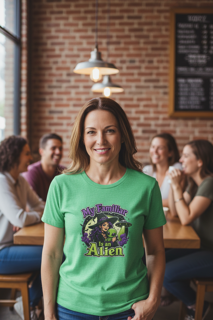 A heather green short-sleeve t-shirt with a colorful graphic on the chest that reads 'My Familiar is an Alien' in stylized purple and yellow lettering,