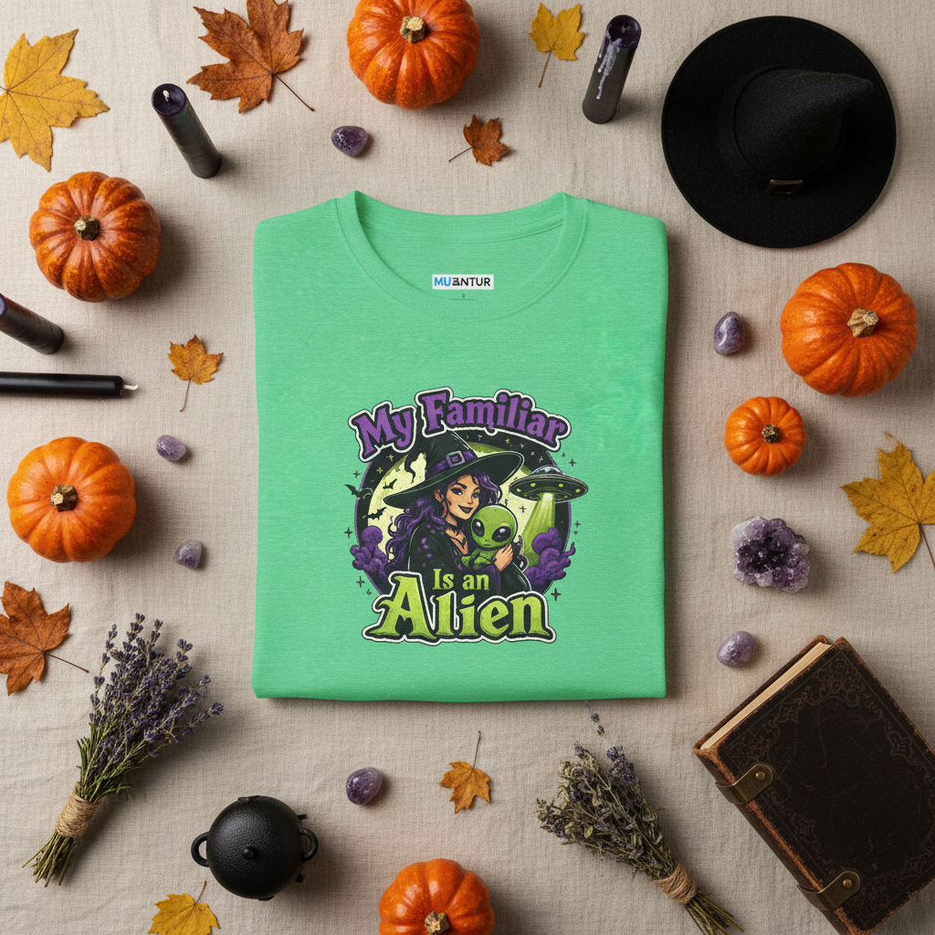A heather green short-sleeve t-shirt with a colorful graphic on the chest that reads 'My Familiar is an Alien' in stylized purple and yellow lettering,
