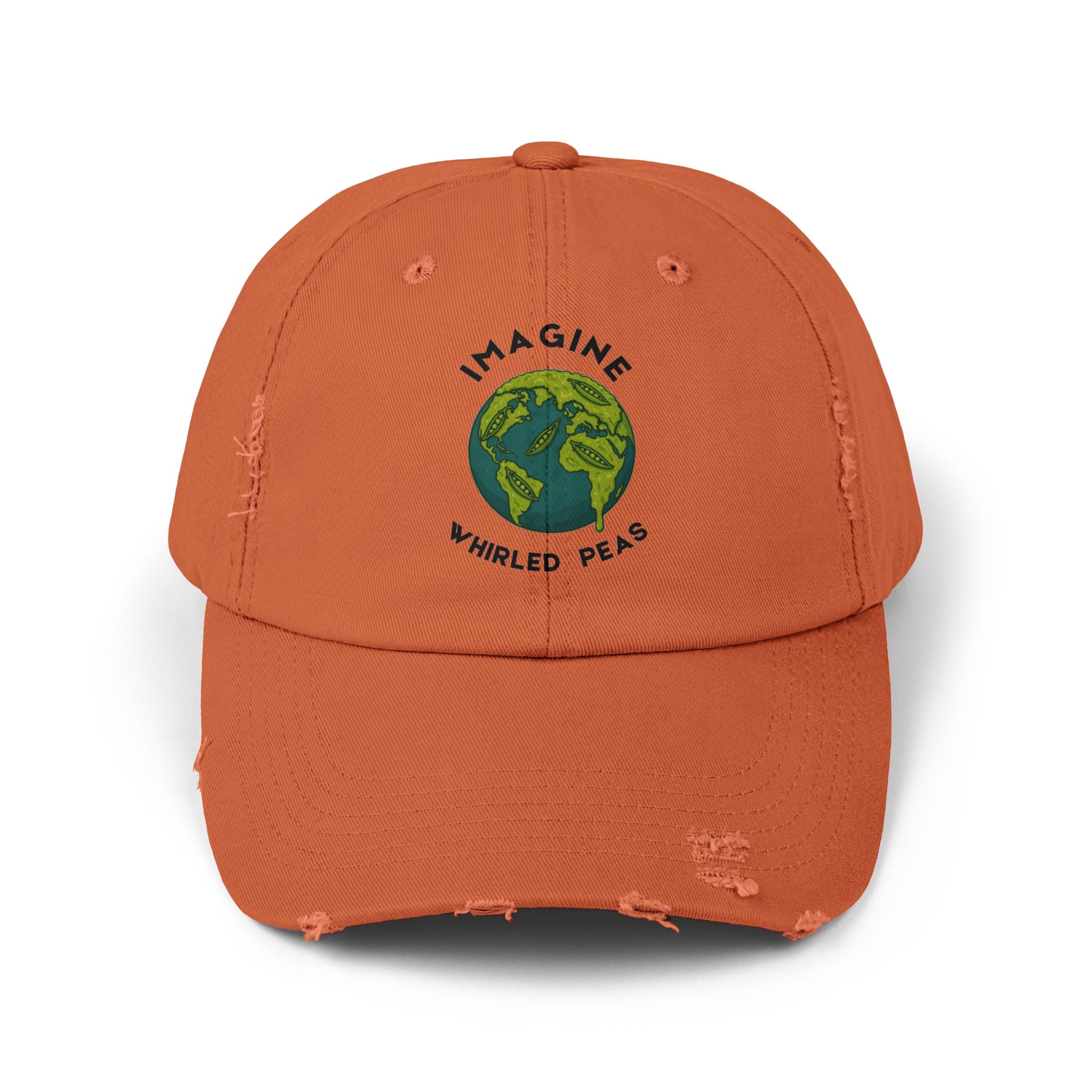 Imagine Whirled Peas pun Unisex Distressed Cap with Planet design - Mutantur Labs LLC