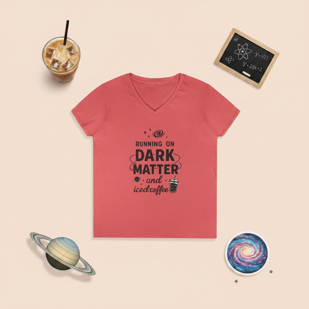 Running on Dark Matter and Iced Coffee funny science v-neck tee, product detail shot