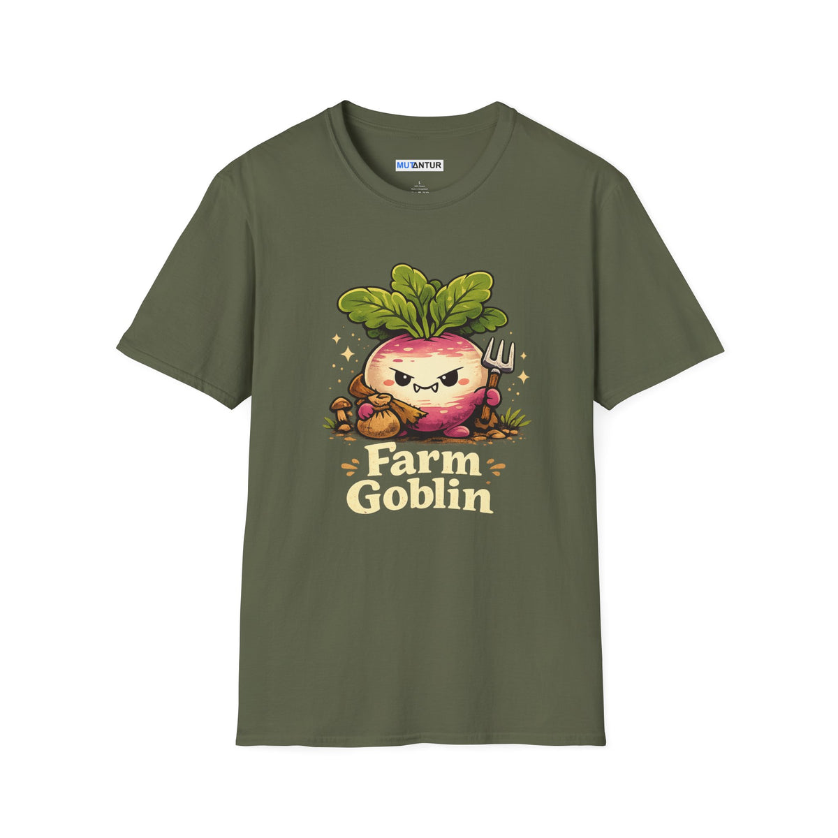Grumpy Turnip Farm Goblin graphic tee in olive green, front view flat mockup