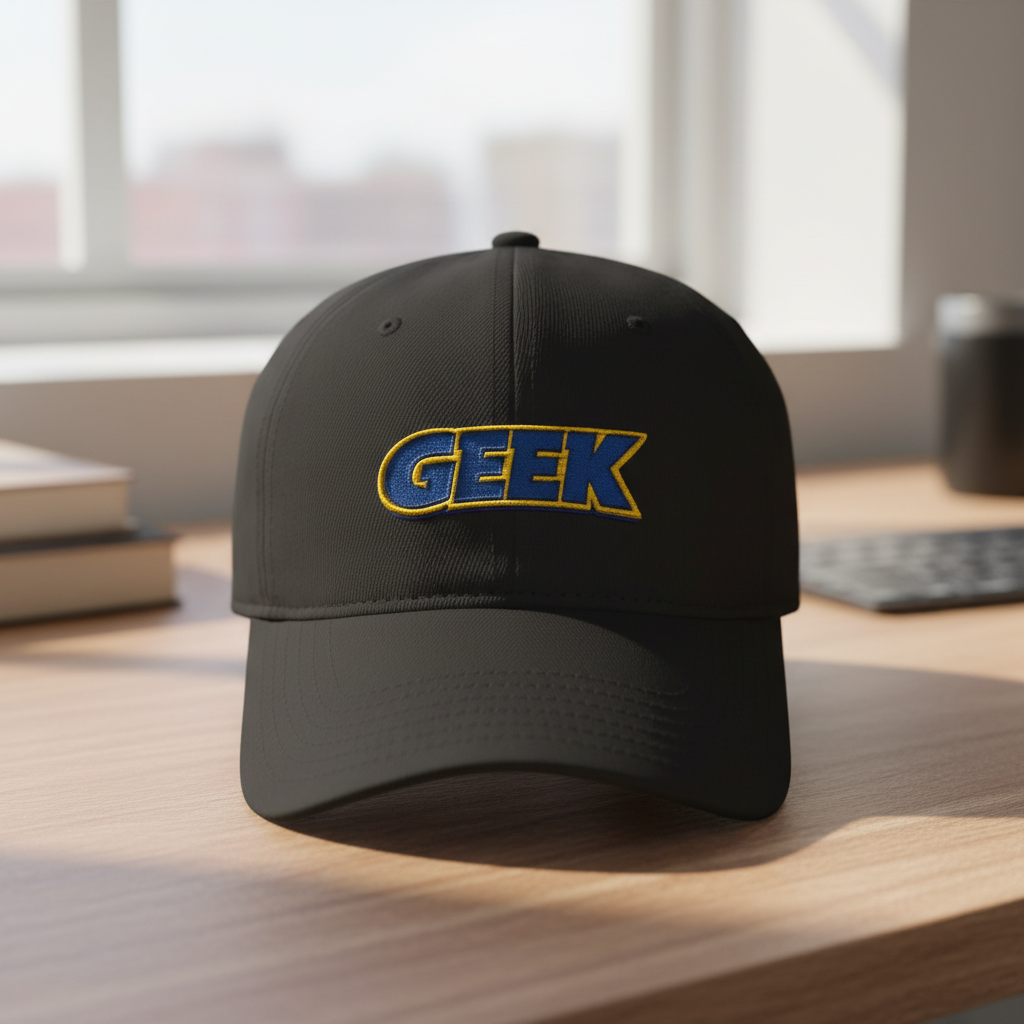 Geek embroidered retro blue and gold baseball cap, front view