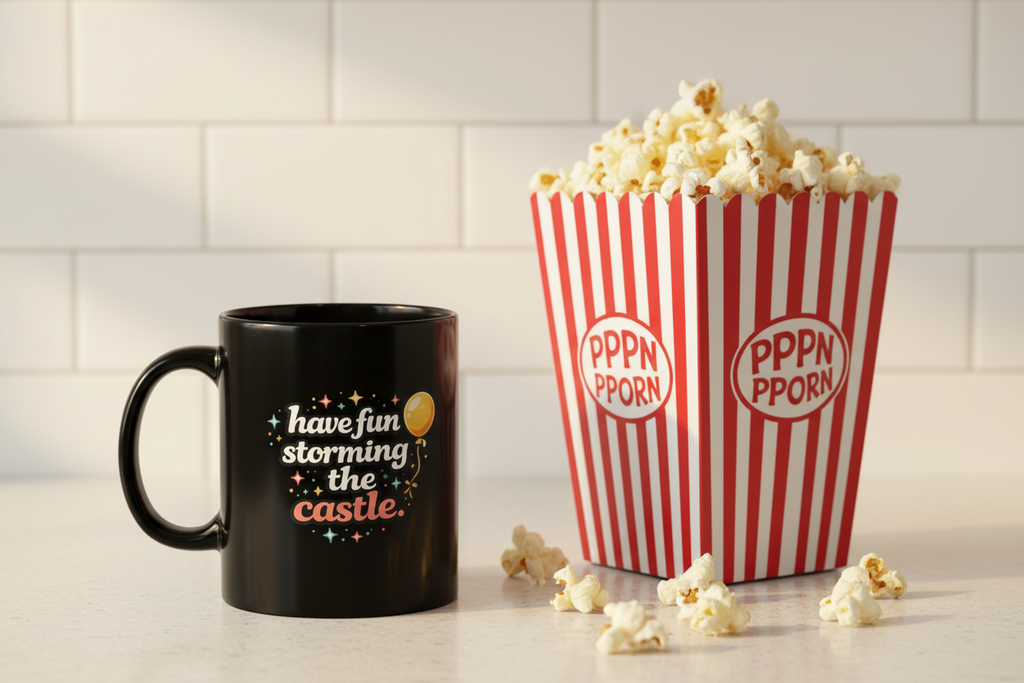 Have Fun Storming the Castle Black Mug – Funny Movie Quote Coffee Cup - Mutantur Labs LLC