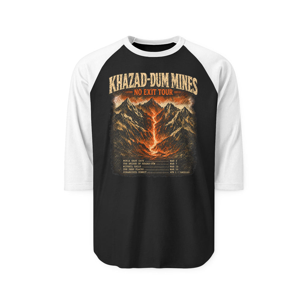 Black and white baseball shirt with mountain graphic and text on a white background