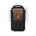 Black and white baseball shirt with mountain graphic and text on a white background