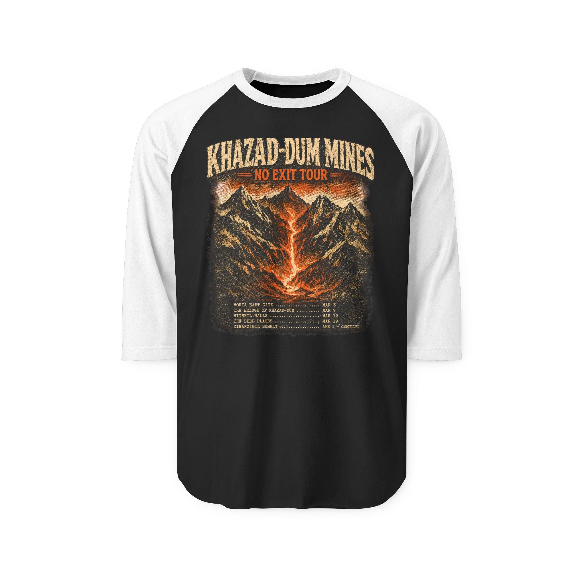 Black and white baseball shirt with mountain graphic and text on a white background