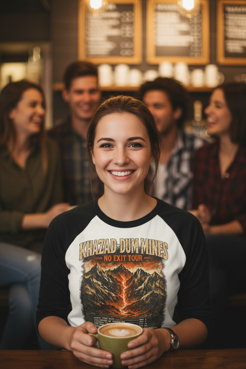Khazad-Dûm Mines Tour Raglan Shirt — "No Exit Tour" Mountain Volcano Graphic