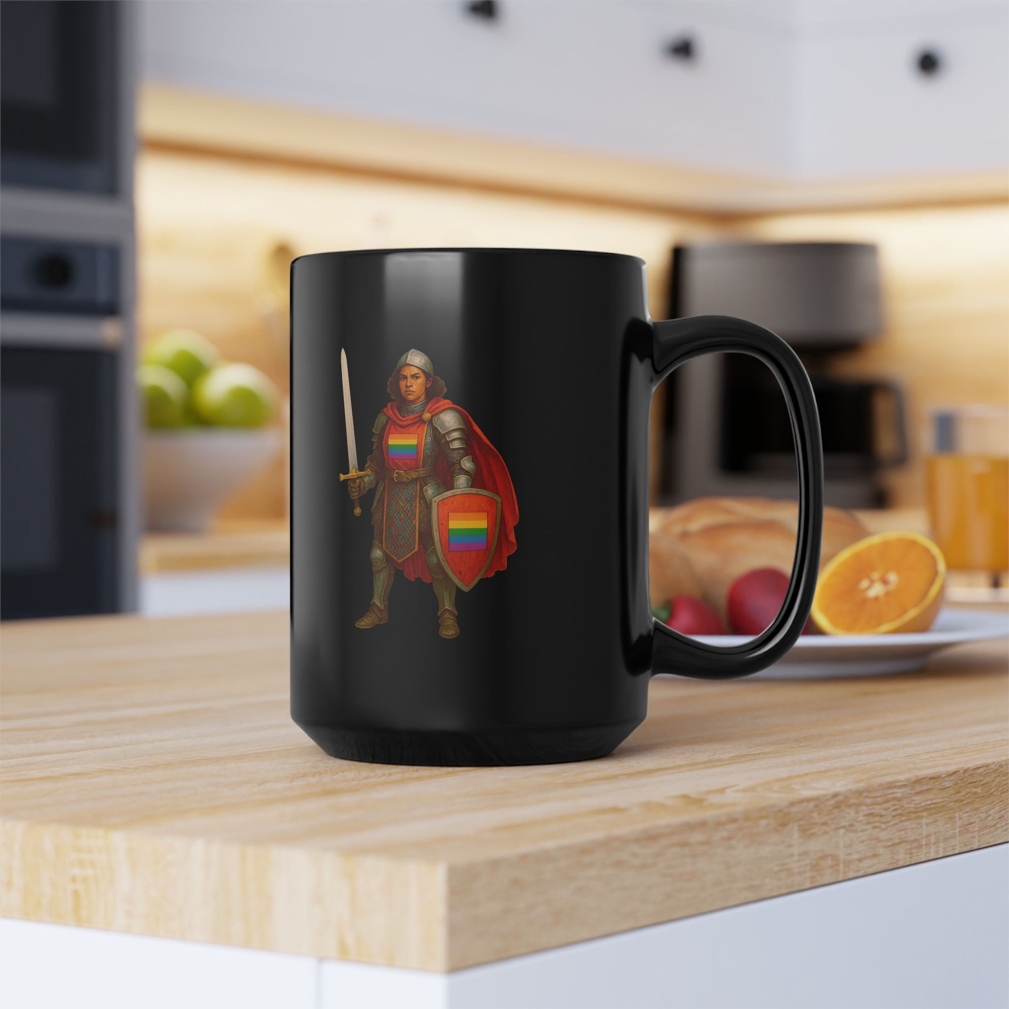 Rainbow Paladin Mug — Black Ceramic Mug with Pride Shield and Cape - Mutantur Labs LLC