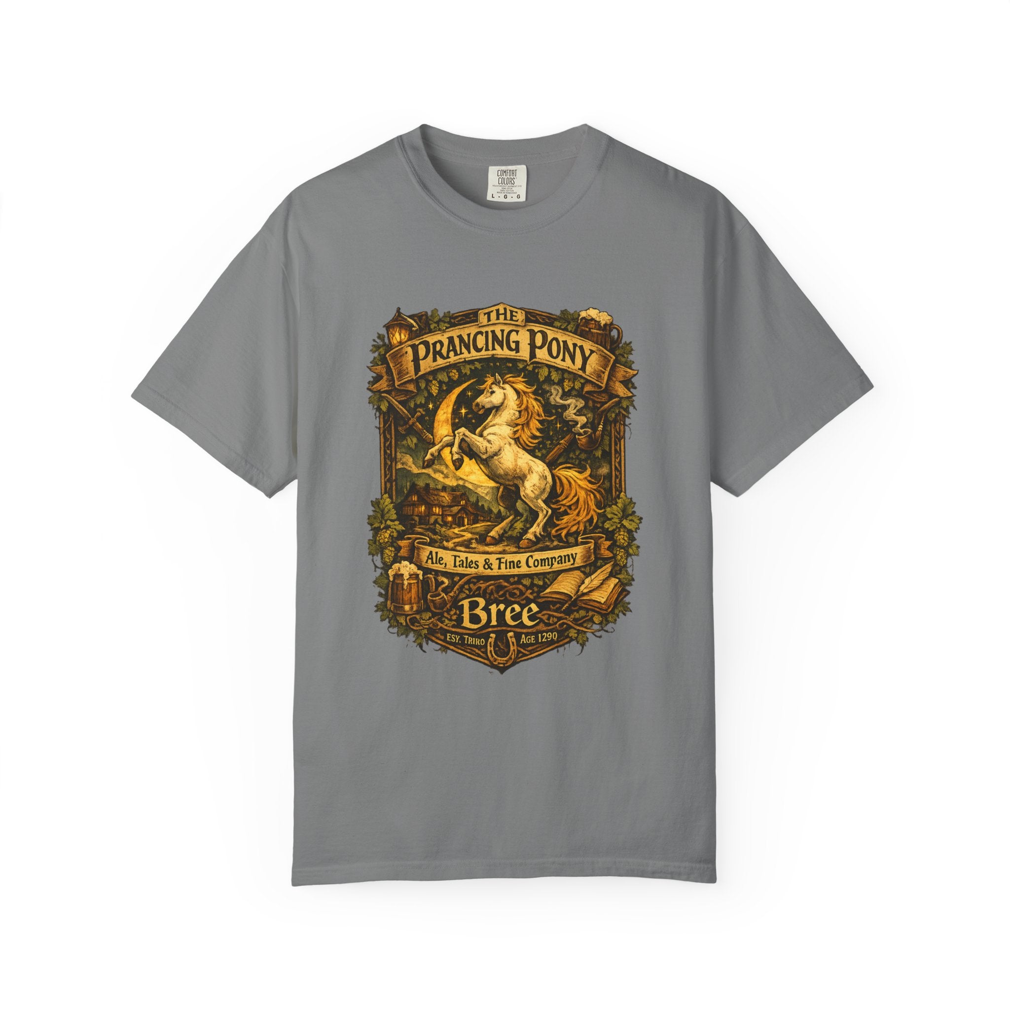 Prancing Pony Fantasy T-Shirt | Vintage Inn Heraldry Graphic Tee - Mutantur Labs LLC