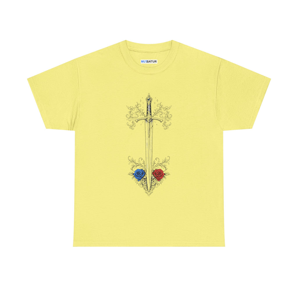 Sword and Roses Graphic Tee — Gothic Floral Sword T‑Shirt (Red & Blue Roses) - Mutantur Labs LLC