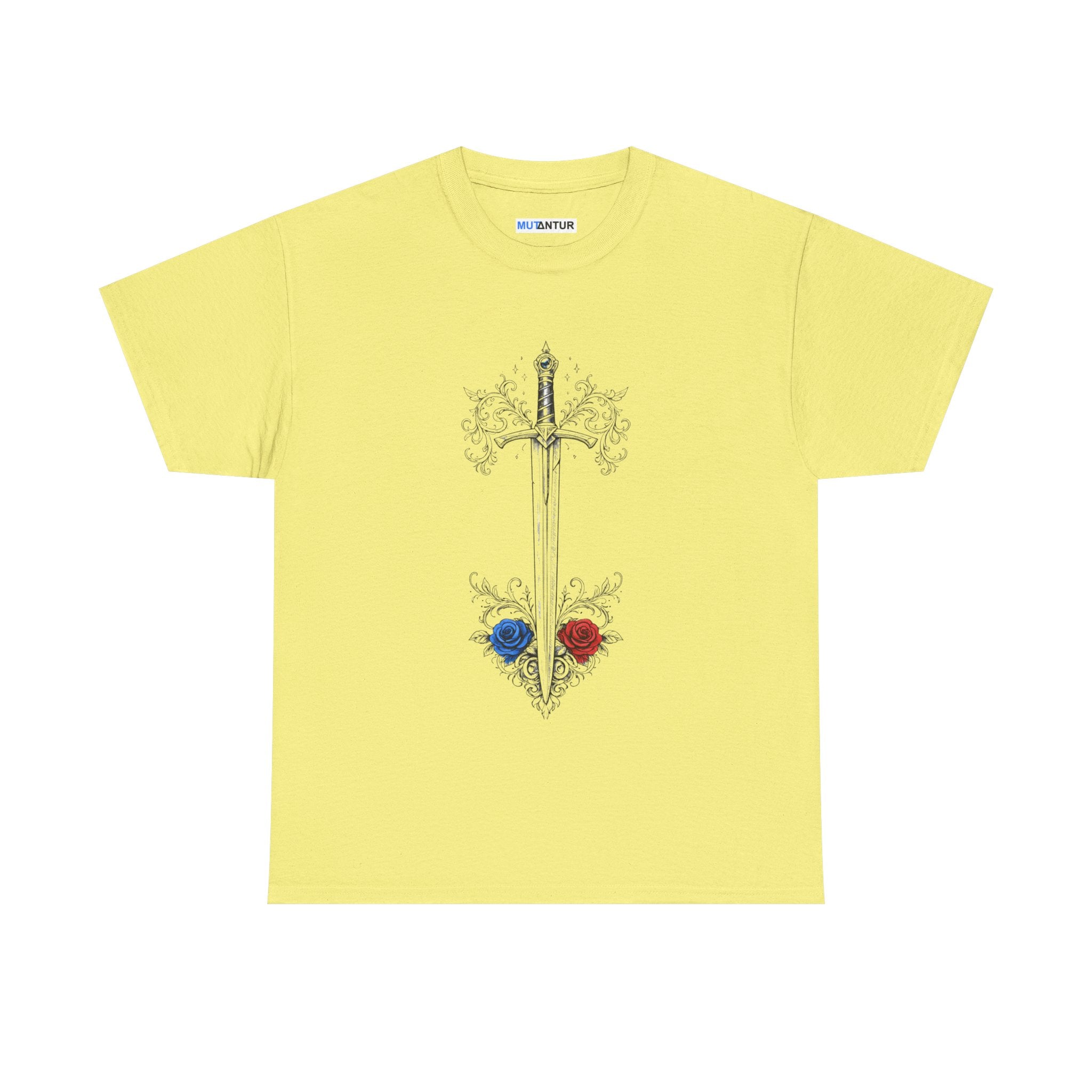 Sword and Roses Graphic Tee — Gothic Floral Sword T‑Shirt (Red & Blue Roses) - Mutantur Labs LLC