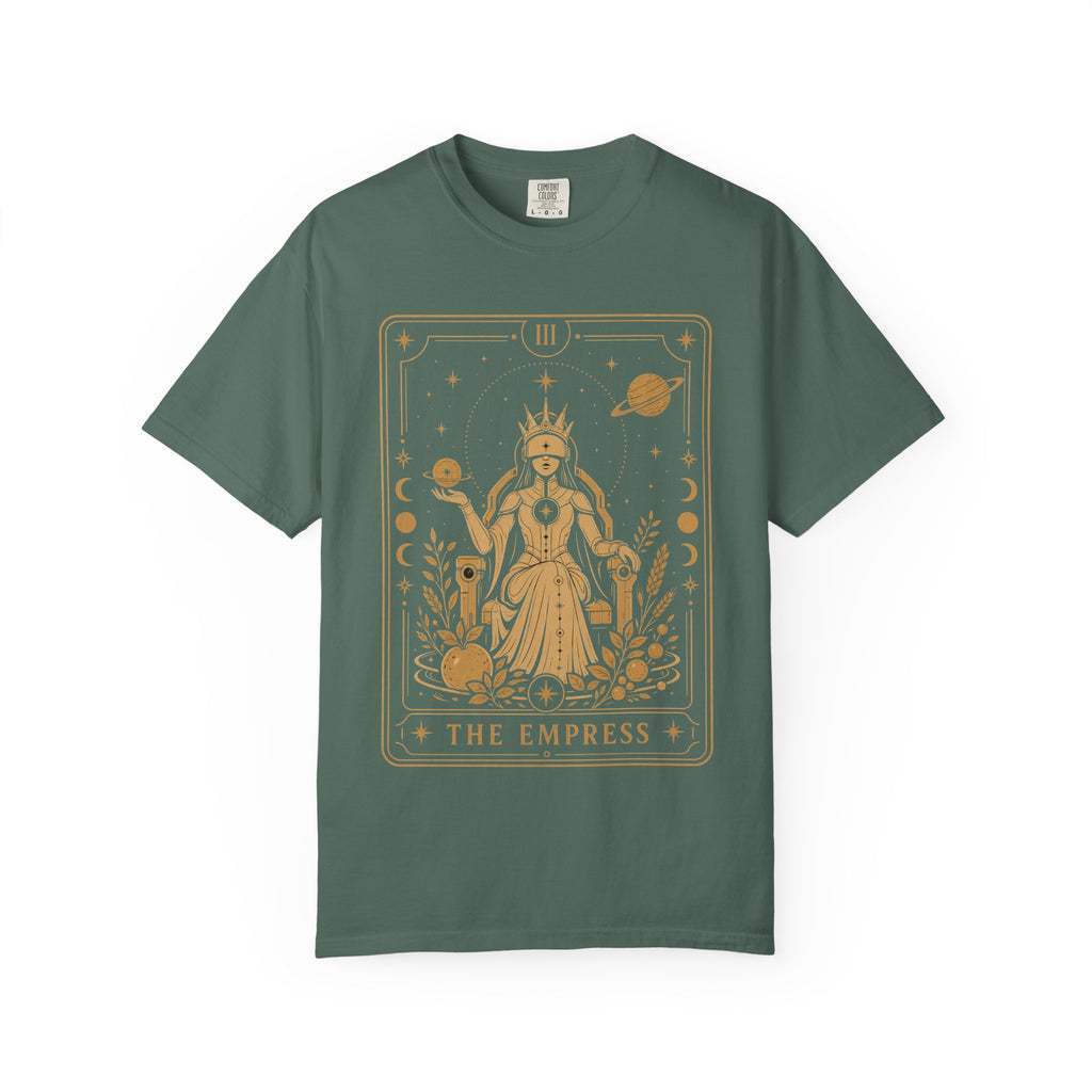 A dark green crew neck t-shirt featuring The Starseer from the Future Arcana collection, inspired by The High Priestess tarot card. A serene cosmic mystic holds a glowing celestial sphere within an elegant Art Deco frame rendered in gold line art.